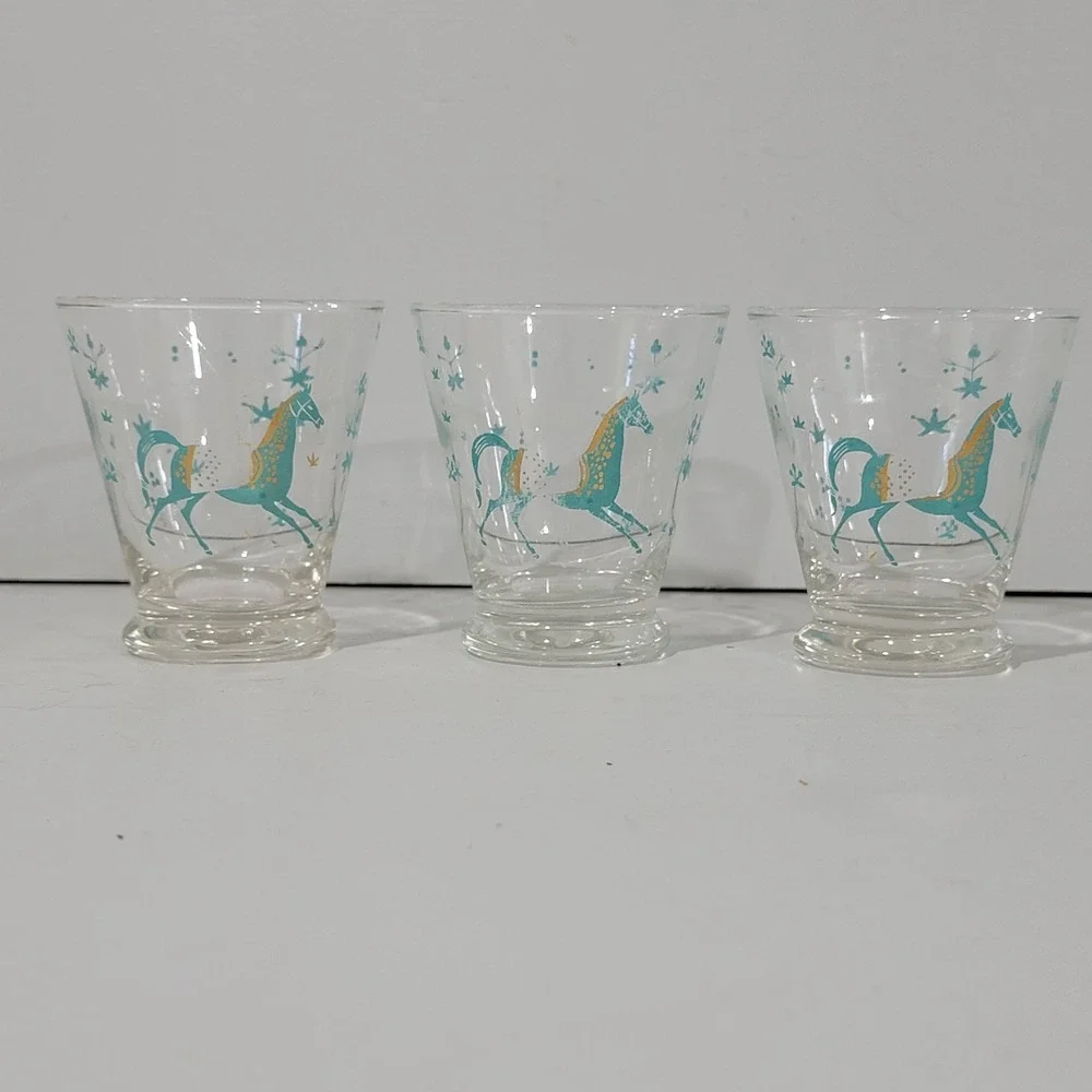Vintage Mid Century Turquoise Gold Horse Juice Glasses Set of 3 MCM Barware 3in